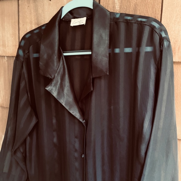 Linda Bis Montreal Rare Vintage 90s Black Night Robe Striped Silky Satin Collar - Picture 6 of 13